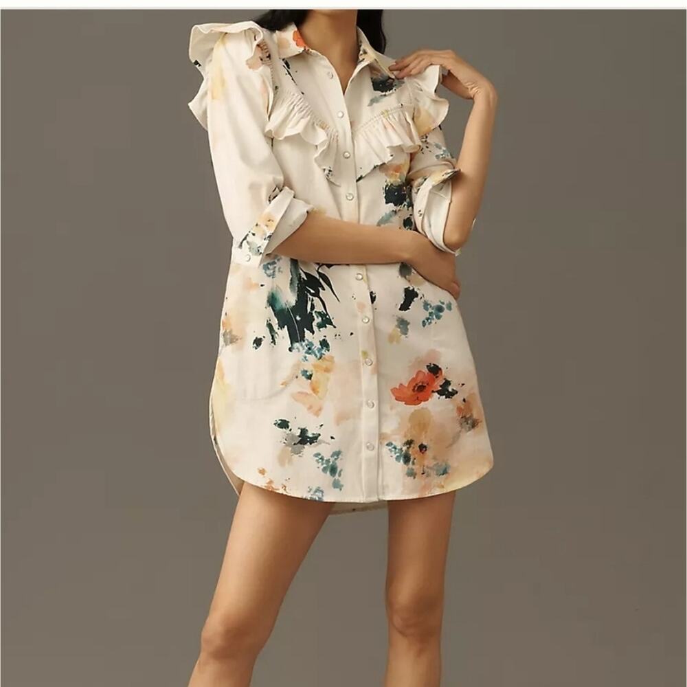 Pilcro Long-Sleeve Ruffled Denim Mini Shirt Dress Sz Med Nwts - Picture 4 of 4